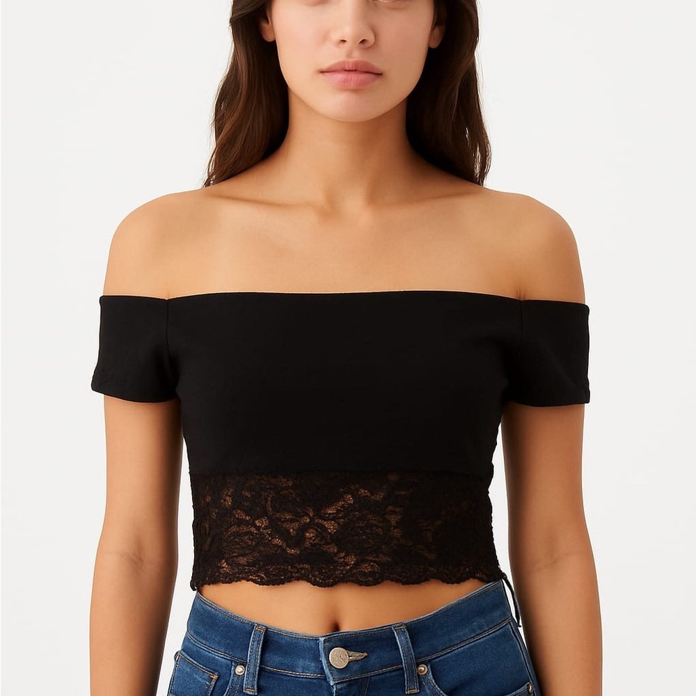 Forever 21 Black Off-Shoulder Lace Crop Top